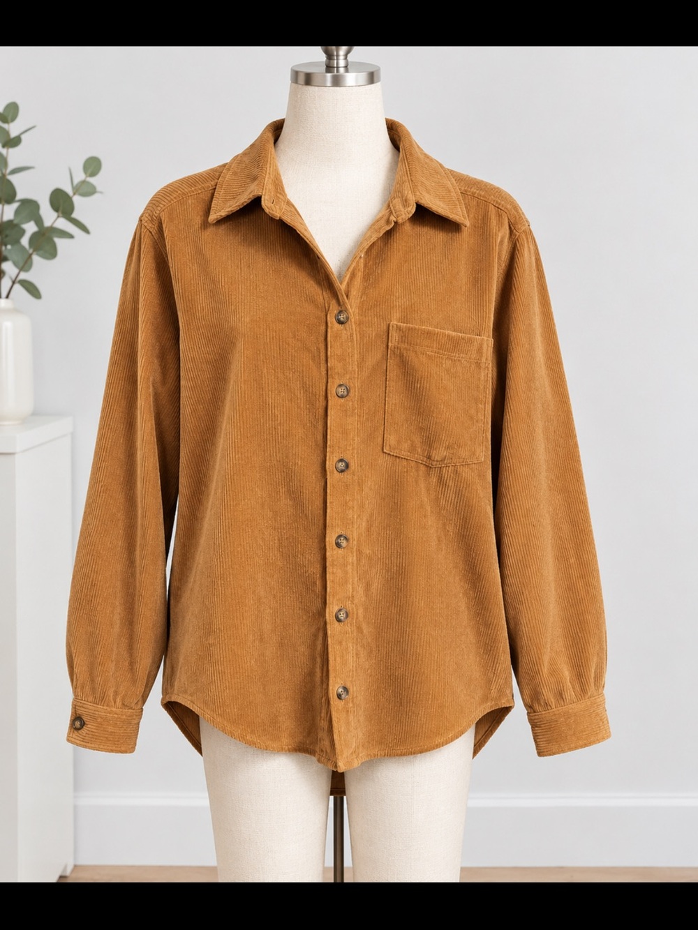 Pink Lily Corduroy Button-Down Shirt - Camel Brown